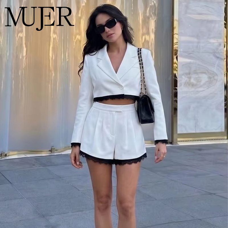 Double Breasted Blazer - 여성용 MUJER 레이스 버뮤다 반바지 세트