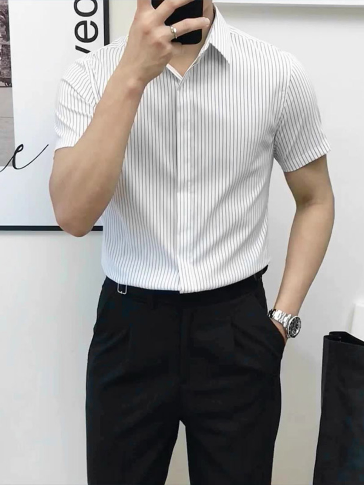 Men'S Urban Formal Wear - 슬림핏 스트라이프 반소매 셔츠 남성용 패셔너블