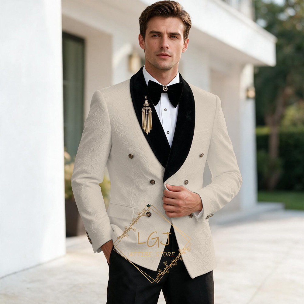 럭셔리 남성용 2피스 엠보싱 자카드 디너 재킷 세트,  - Men Formal Wear For Dinner 리뷰 및 가격